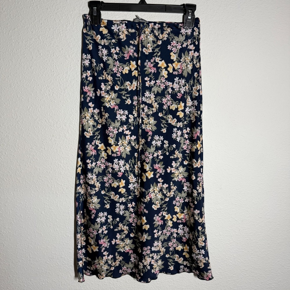 Maxi Skirt Womens XS‎ Navy Blue Ditsy Floral Lettuce Hem Modern Minimalist Party
